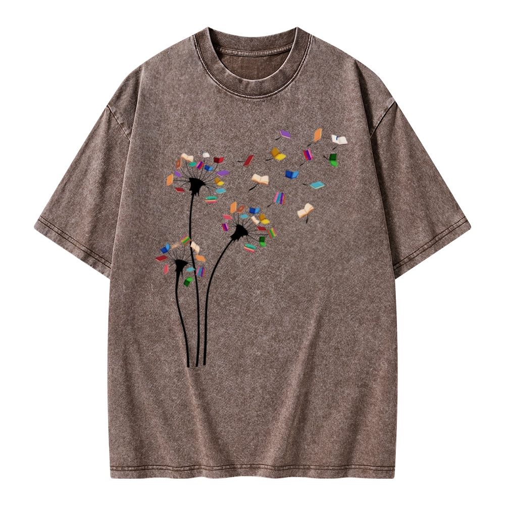Pagewings Cute Dandelion Books Flower Fly Unisex Washed T-shirt