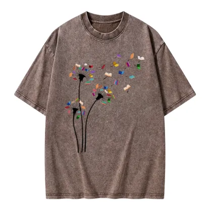 Pagewings Cute Dandelion Books Flower Fly Unisex Washed T-shirt