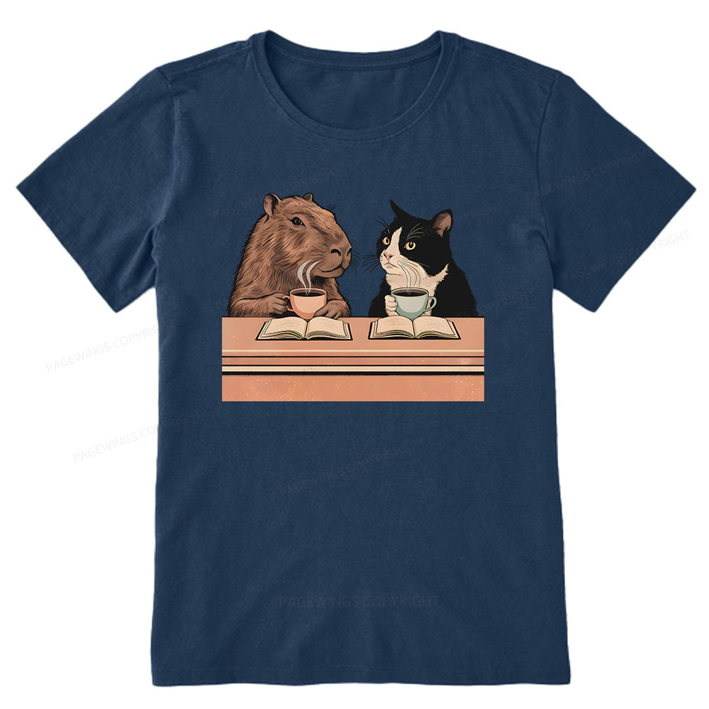 Pagewings Capybara and Tuxedo Cat Chilling with Coffee Unisex Classic T-shirt
