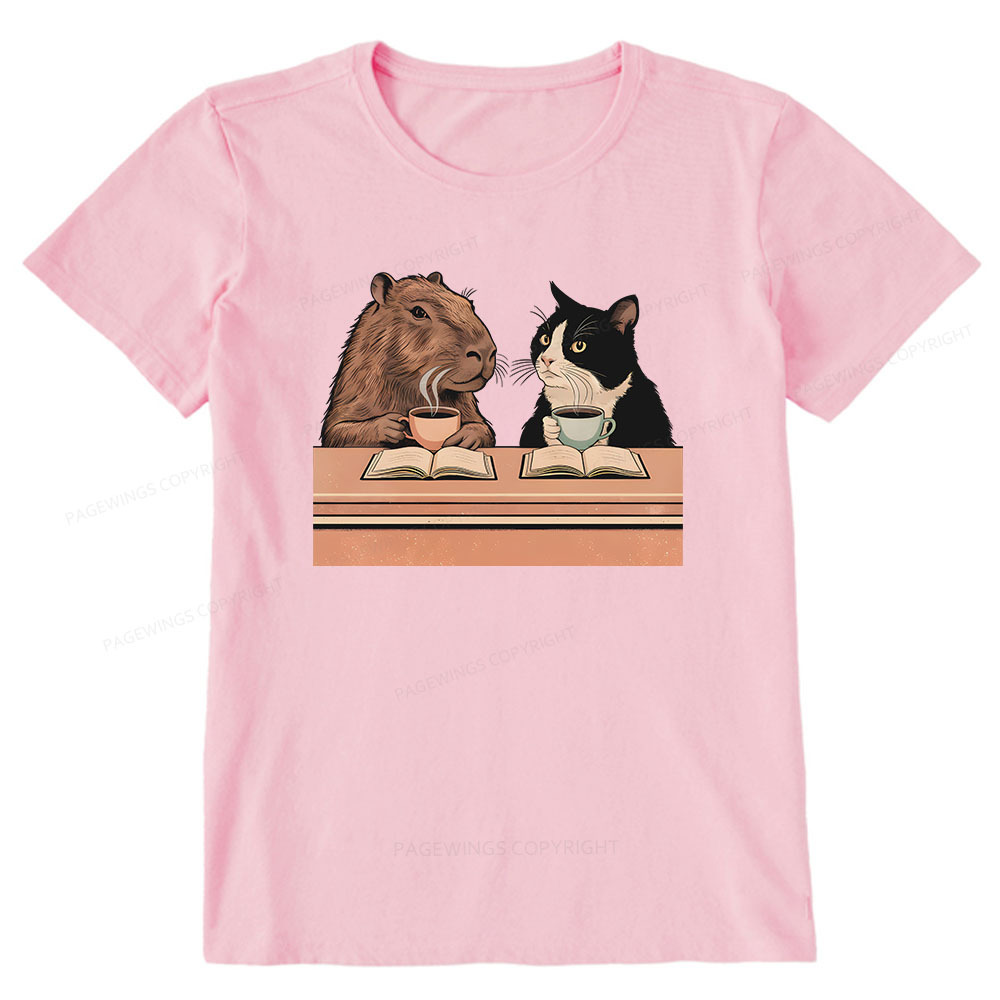 Pagewings Capybara and Tuxedo Cat Chilling with Coffee Unisex Classic T-shirt
