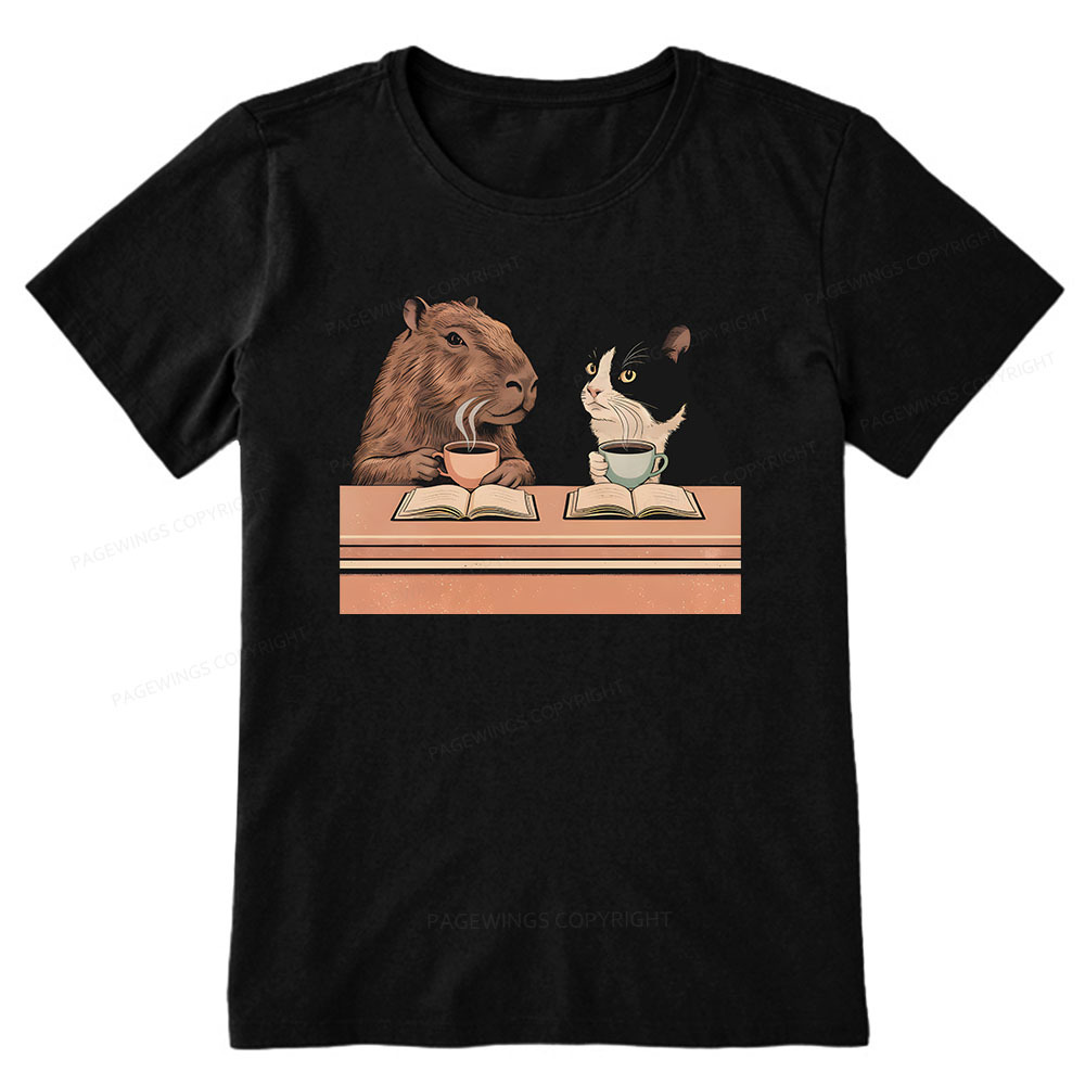 Pagewings Capybara and Tuxedo Cat Chilling with Coffee Unisex Classic T-shirt