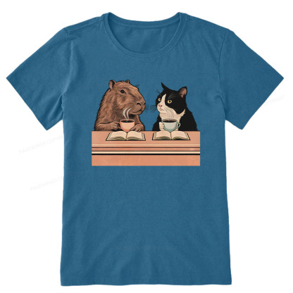 Pagewings Capybara and Tuxedo Cat Chilling with Coffee Unisex Classic T-shirt
