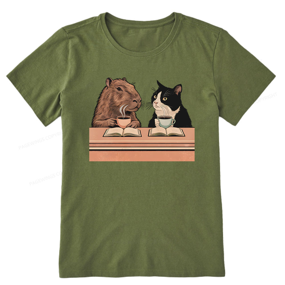 Pagewings Capybara and Tuxedo Cat Chilling with Coffee Unisex Classic T-shirt