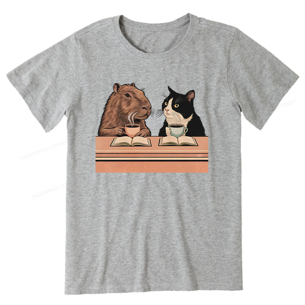 Pagewings Capybara and Tuxedo Cat Chilling with Coffee Unisex Classic T-shirt