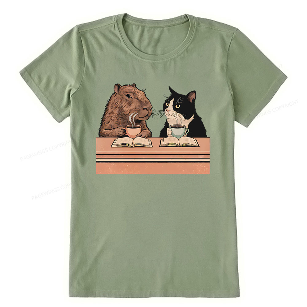 Pagewings Capybara and Tuxedo Cat Chilling with Coffee Unisex Classic T-shirt