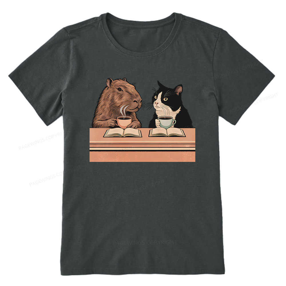 Pagewings Capybara and Tuxedo Cat Chilling with Coffee Unisex Classic T-shirt