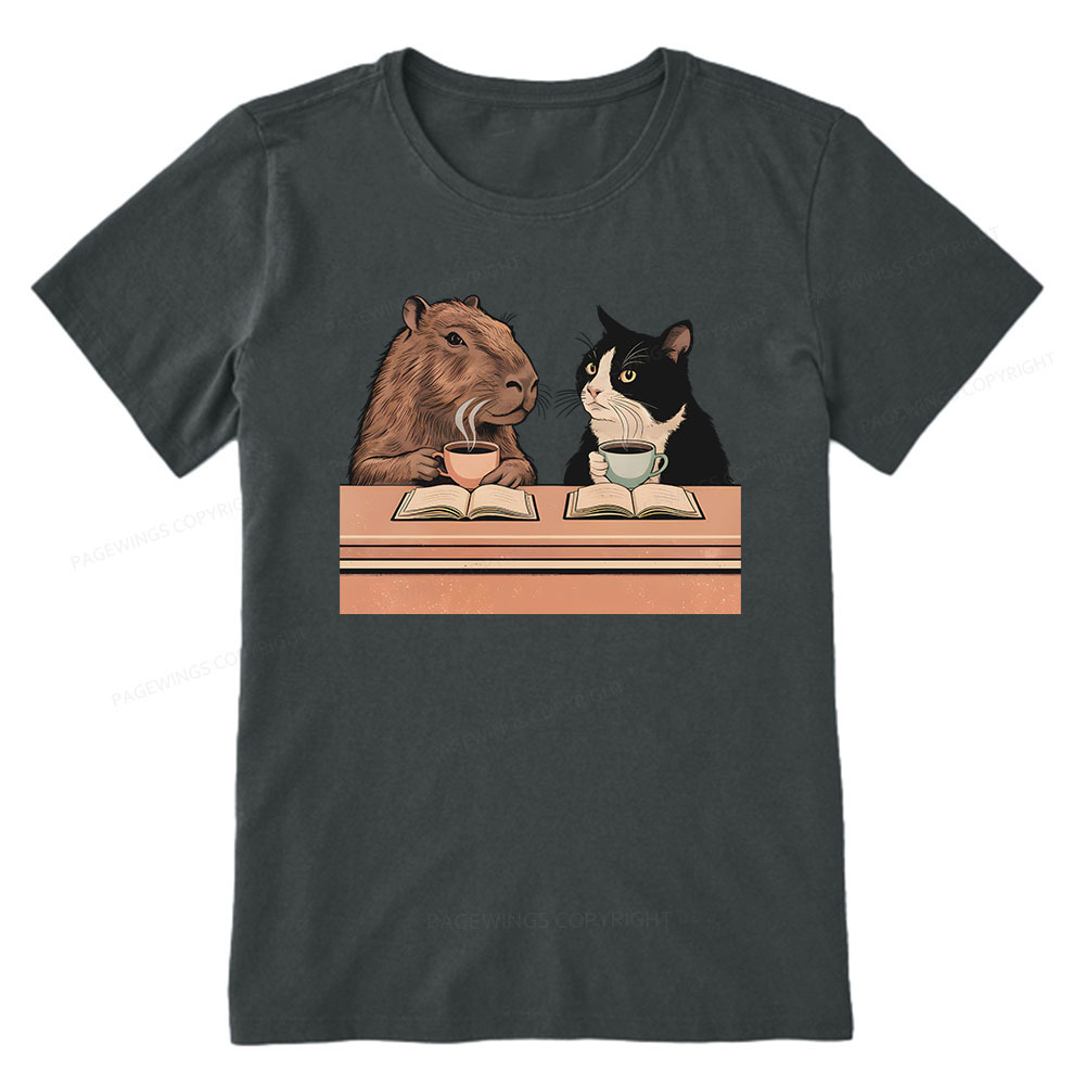 Pagewings Capybara and Tuxedo Cat Chilling with Coffee Unisex Classic T-shirt