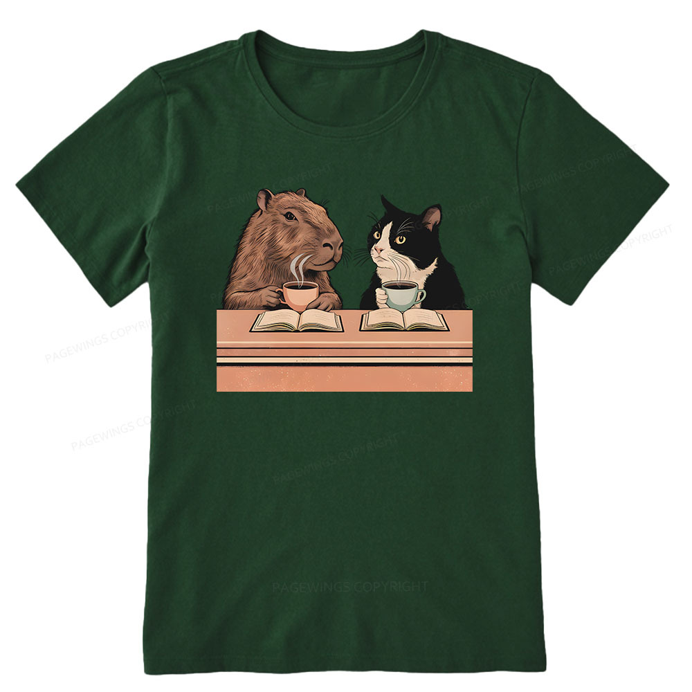 Pagewings Capybara and Tuxedo Cat Chilling with Coffee Unisex Classic T-shirt