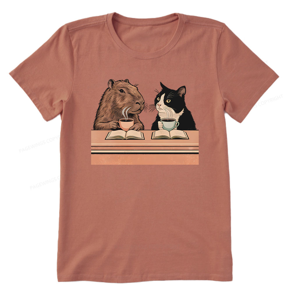 Pagewings Capybara and Tuxedo Cat Chilling with Coffee Unisex Classic T-shirt