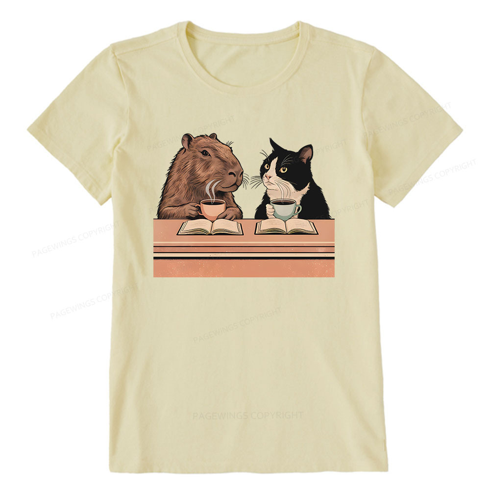 Pagewings Capybara and Tuxedo Cat Chilling with Coffee Unisex Classic T-shirt