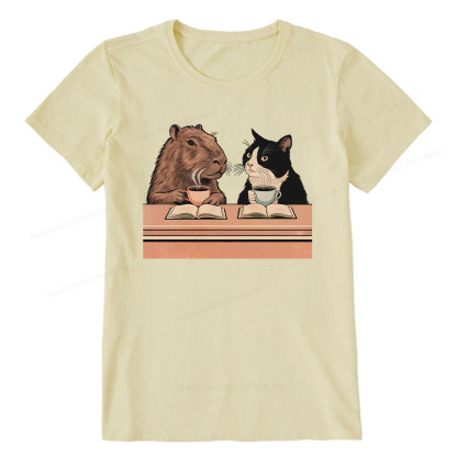 Pagewings Capybara and Tuxedo Cat Chilling with Coffee Unisex Classic T-shirt