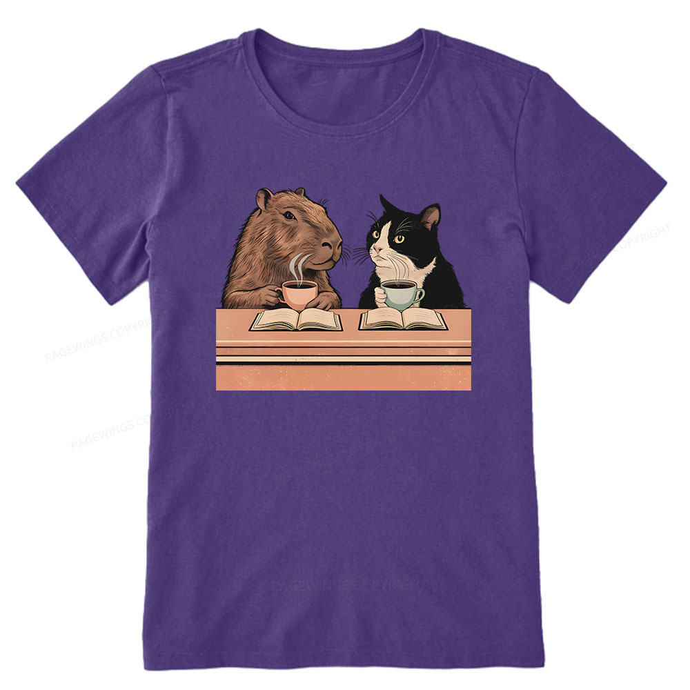 Pagewings Capybara and Tuxedo Cat Chilling with Coffee Unisex Classic T-shirt