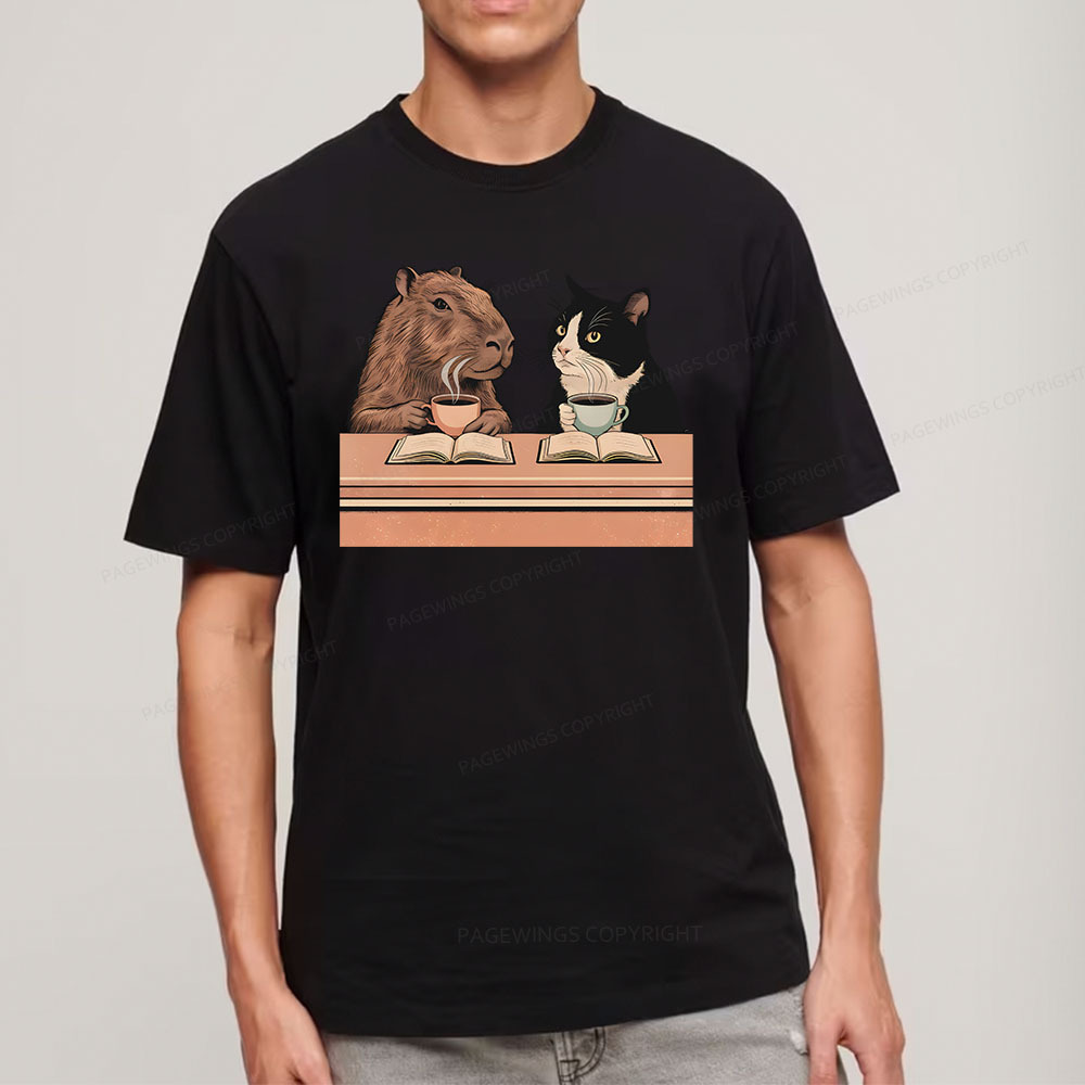 Pagewings Capybara and Tuxedo Cat Chilling with Coffee Unisex Classic T-shirt