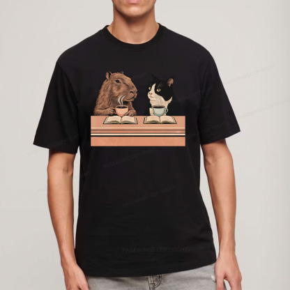 Pagewings Capybara and Tuxedo Cat Chilling with Coffee Unisex Classic T-shirt