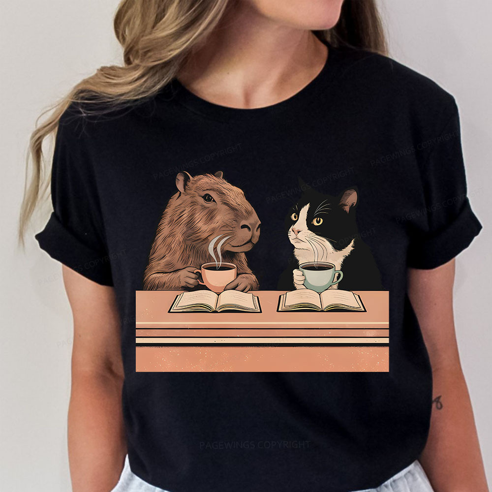 Pagewings Capybara and Tuxedo Cat Chilling with Coffee Unisex Classic T-shirt
