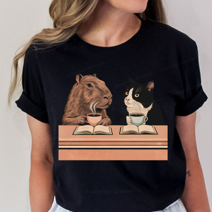 Pagewings Capybara and Tuxedo Cat Chilling with Coffee Unisex Classic T-shirt