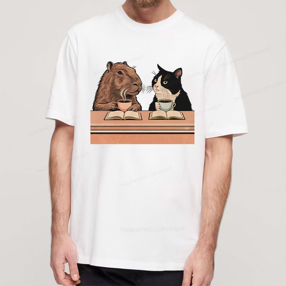 Pagewings Capybara and Tuxedo Cat Chilling with Coffee Unisex Classic T-shirt