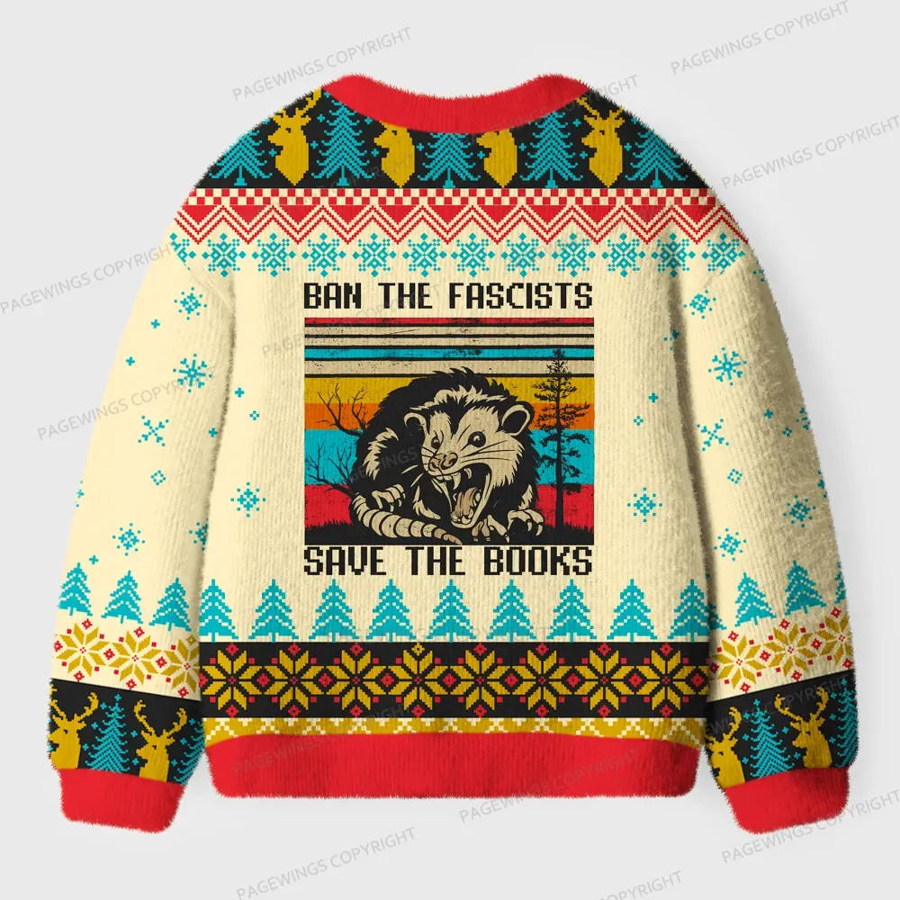 Pagewings Ban The Fascists Save The Books Unisex Ugly Cardigan Sweaters