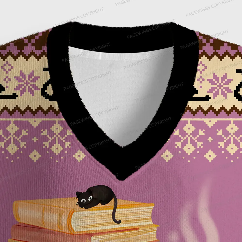 Pagewings Just a Book Loving Cat Unisex V-Neck Ugly Knit Vest