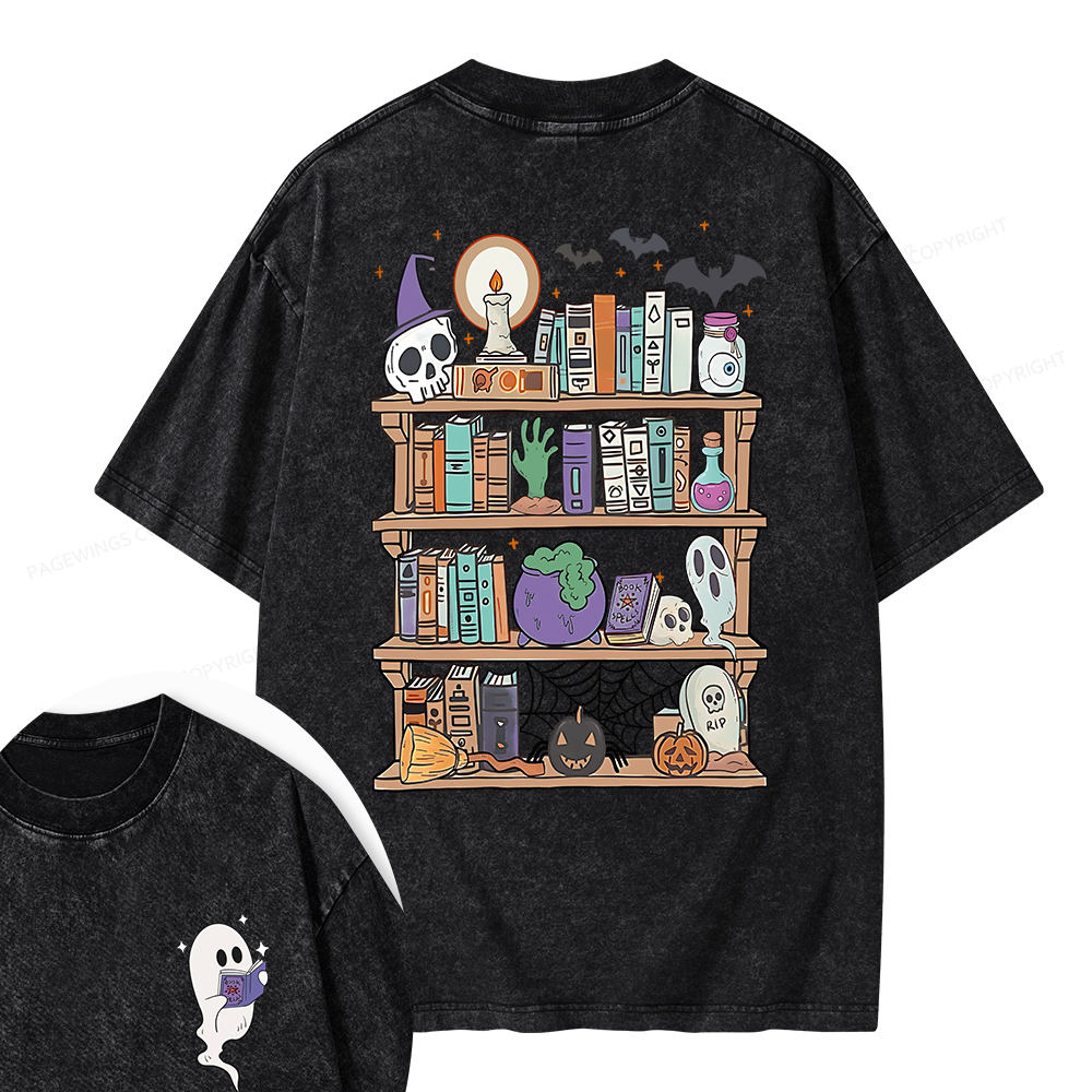 Pagewings Ghost Book Reader Halloween Unisex Washed T-shirt