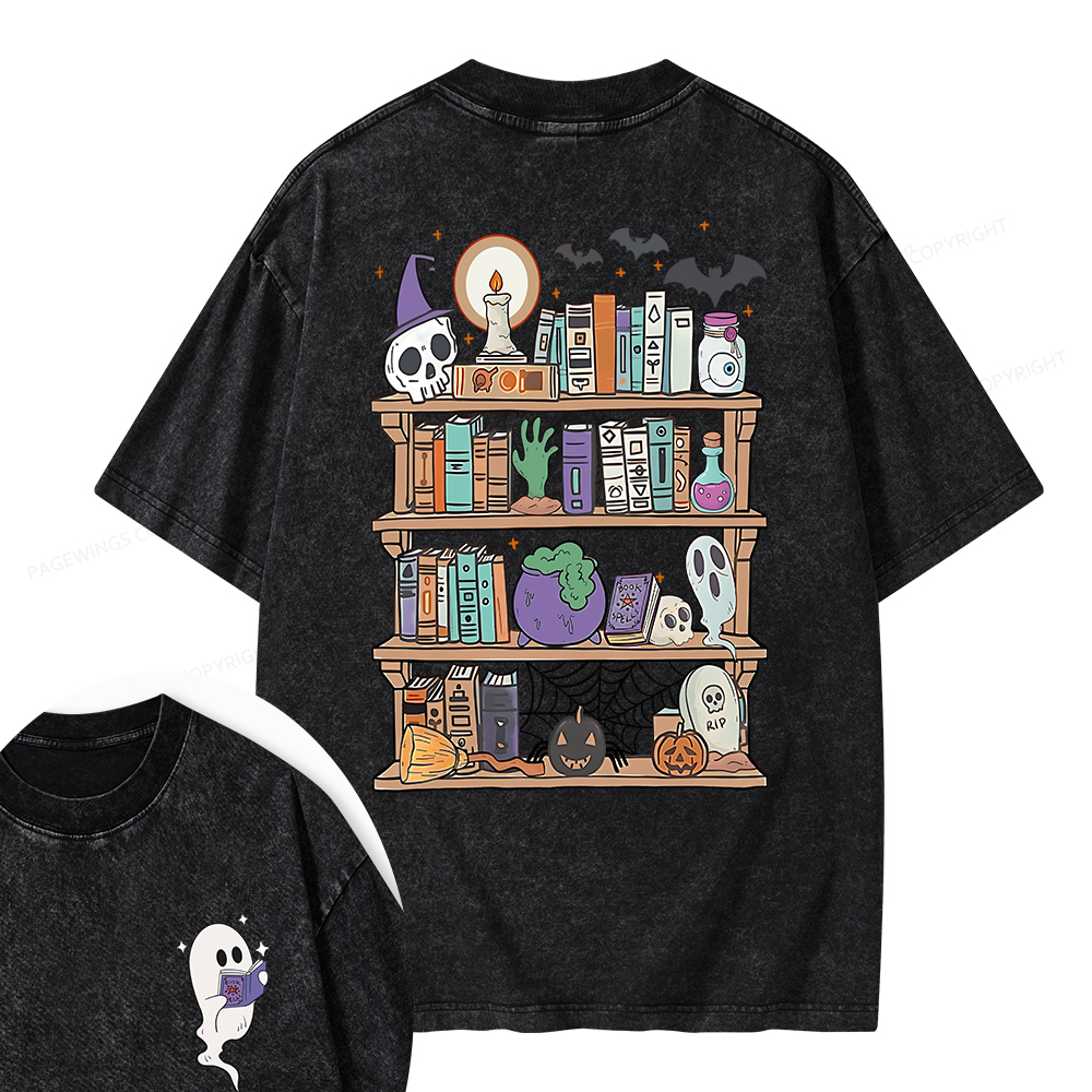 Pagewings Ghost Book Reader Halloween Unisex Washed T-shirt