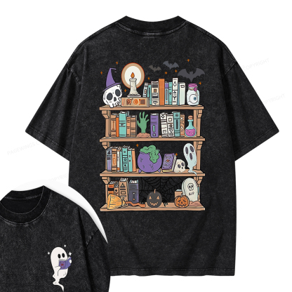 Pagewings Ghost Book Reader Halloween Unisex Washed T-shirt