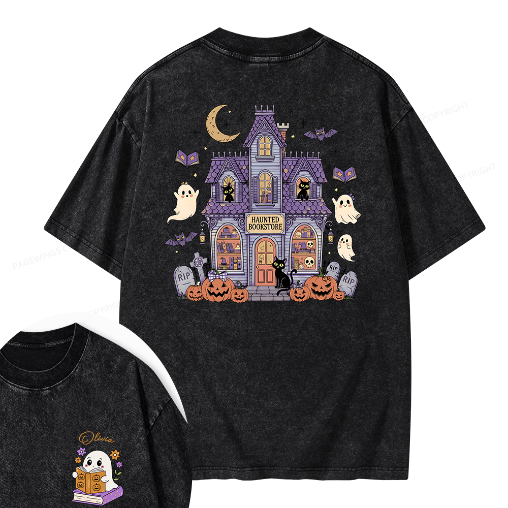 Pagewings Personalized Name Haunted Bookstore Unisex Washed T-shirt