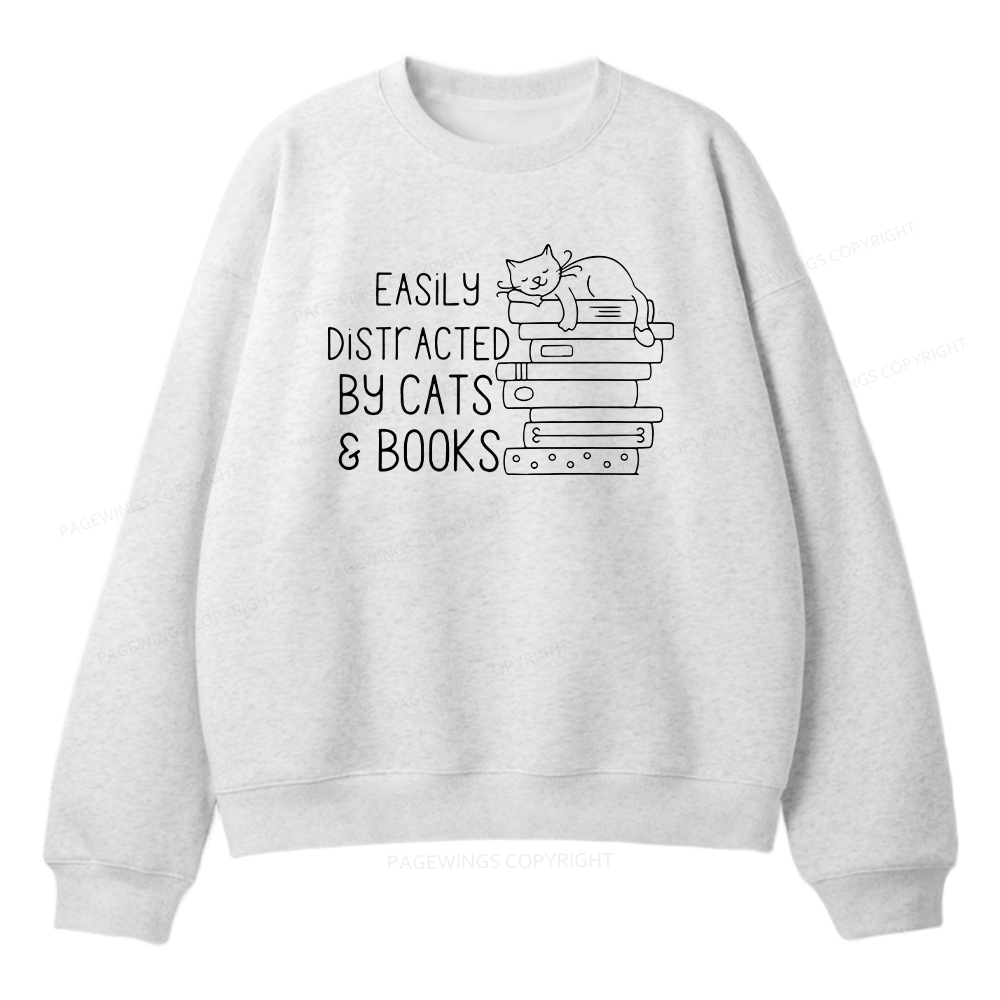 Pagewings Easily Distracted By Cats and Books Unisex Fleece Sweatshirt Set 