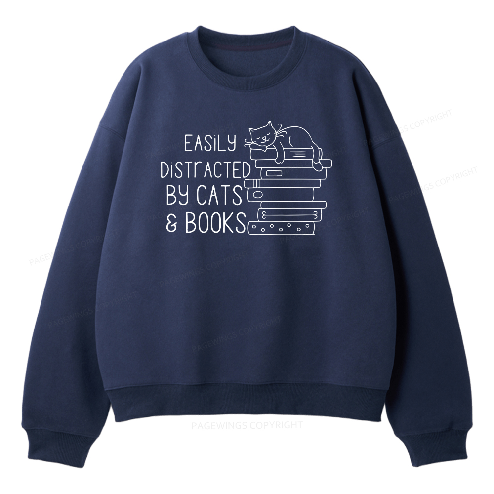 Pagewings Easily Distracted By Cats and Books Unisex Fleece Sweatshirt Set 