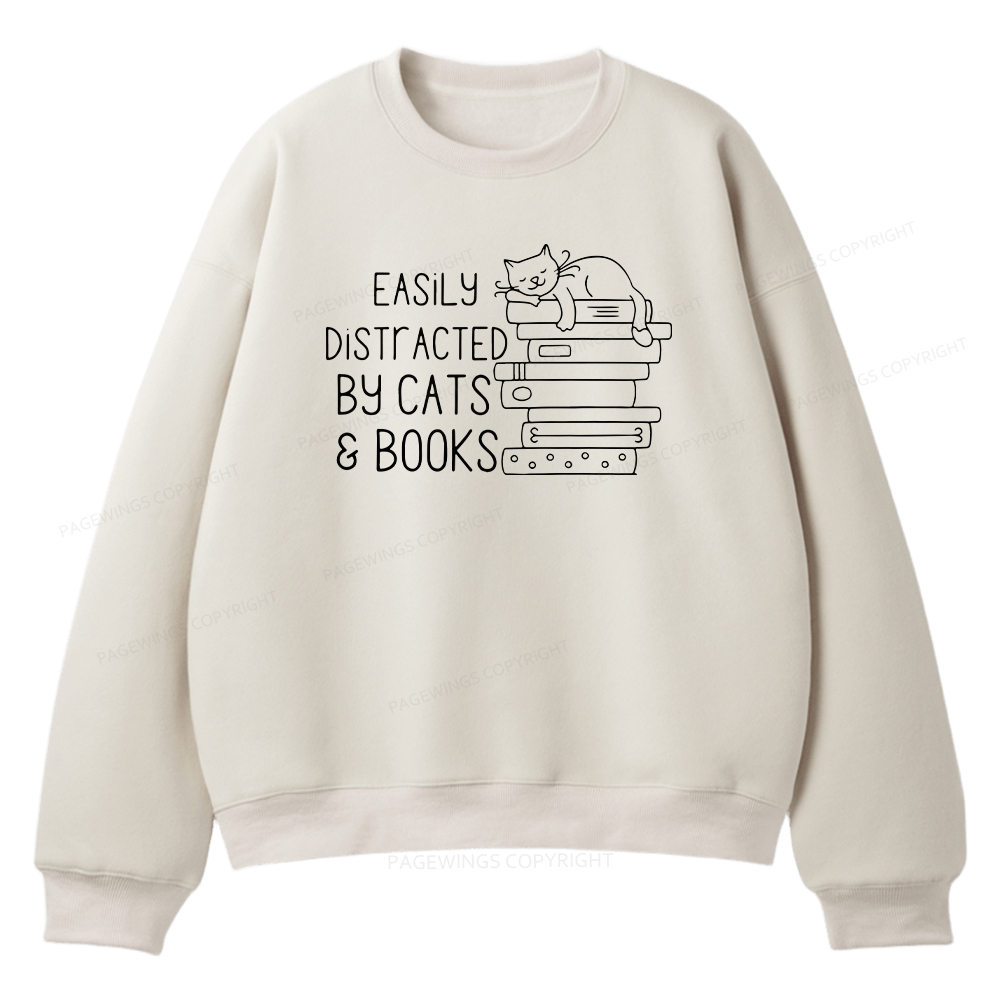 Pagewings Easily Distracted By Cats and Books Unisex Fleece Sweatshirt Set 