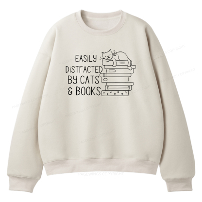 Pagewings Easily Distracted By Cats and Books Unisex Fleece Sweatshirt Set 