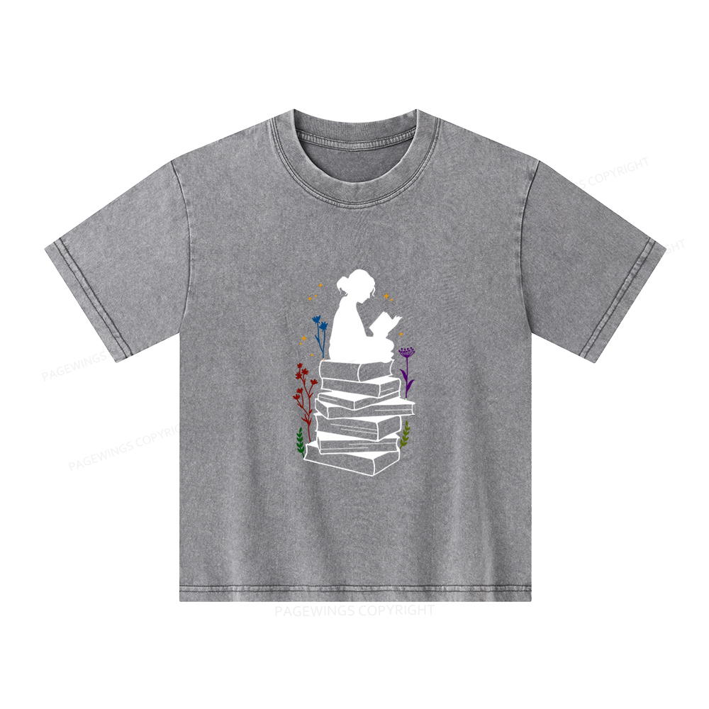 Pagewings Girl Reading Unisex Kids Washed T-shirt