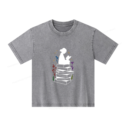 Pagewings Girl Reading Unisex Kids Washed T-shirt