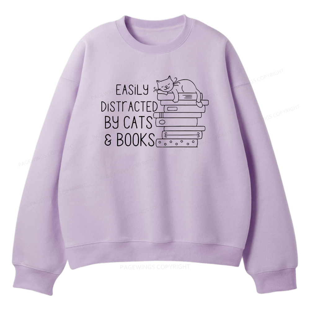 Pagewings Easily Distracted By Cats and Books Unisex Fleece Sweatshirt Set 