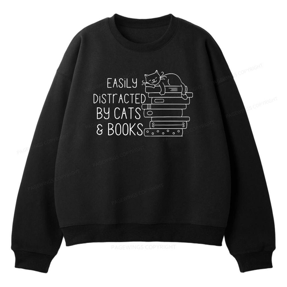 Pagewings Easily Distracted By Cats and Books Unisex Fleece Sweatshirt Set 