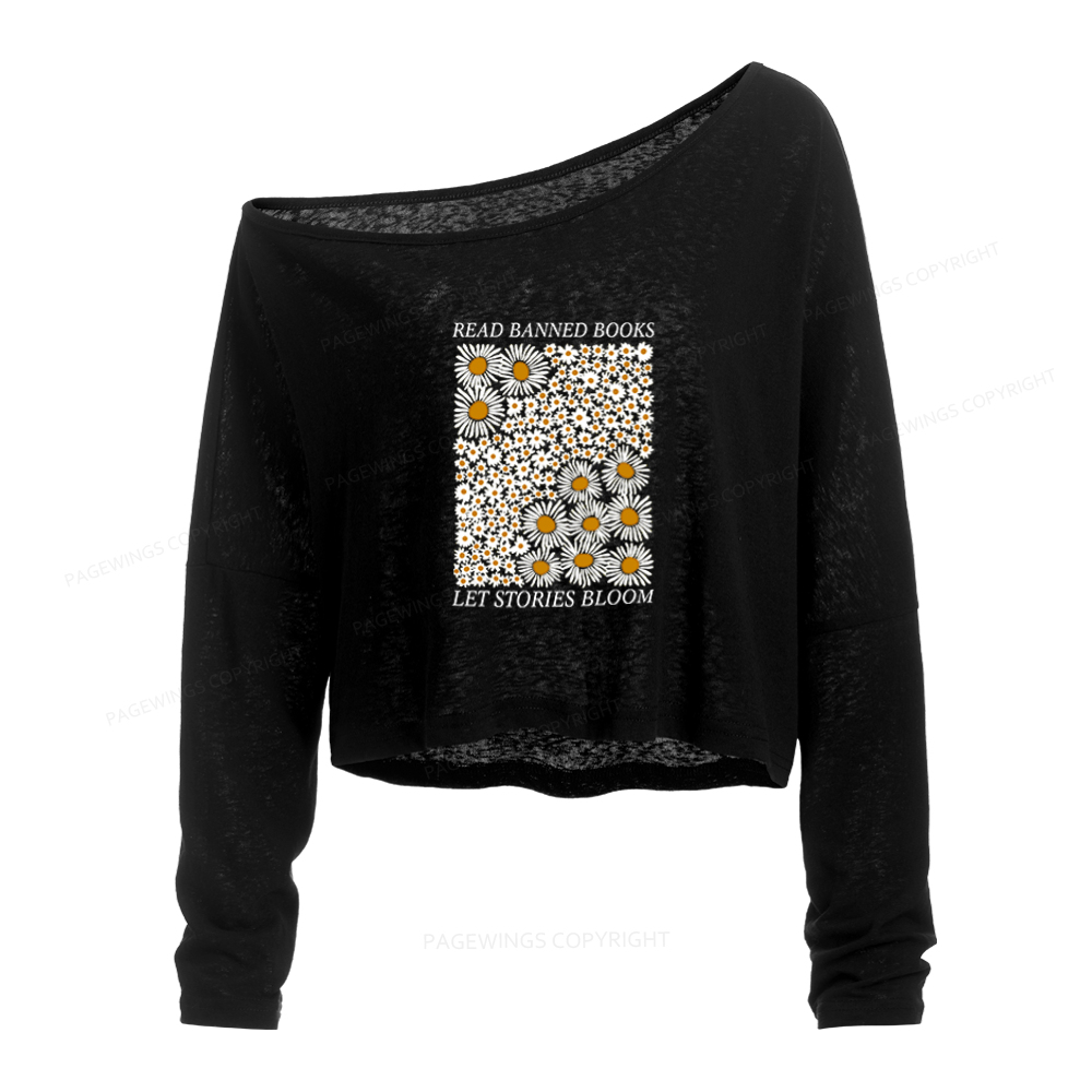Pagewings Read Banned Books Slouchy Long Sleeve Off Shoulder T-shirt