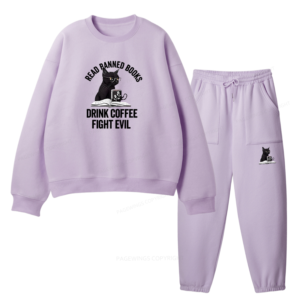 Pagewings Read Books Drink Coffee Fight Evil Unisex Fleece Sweatshirt Set 