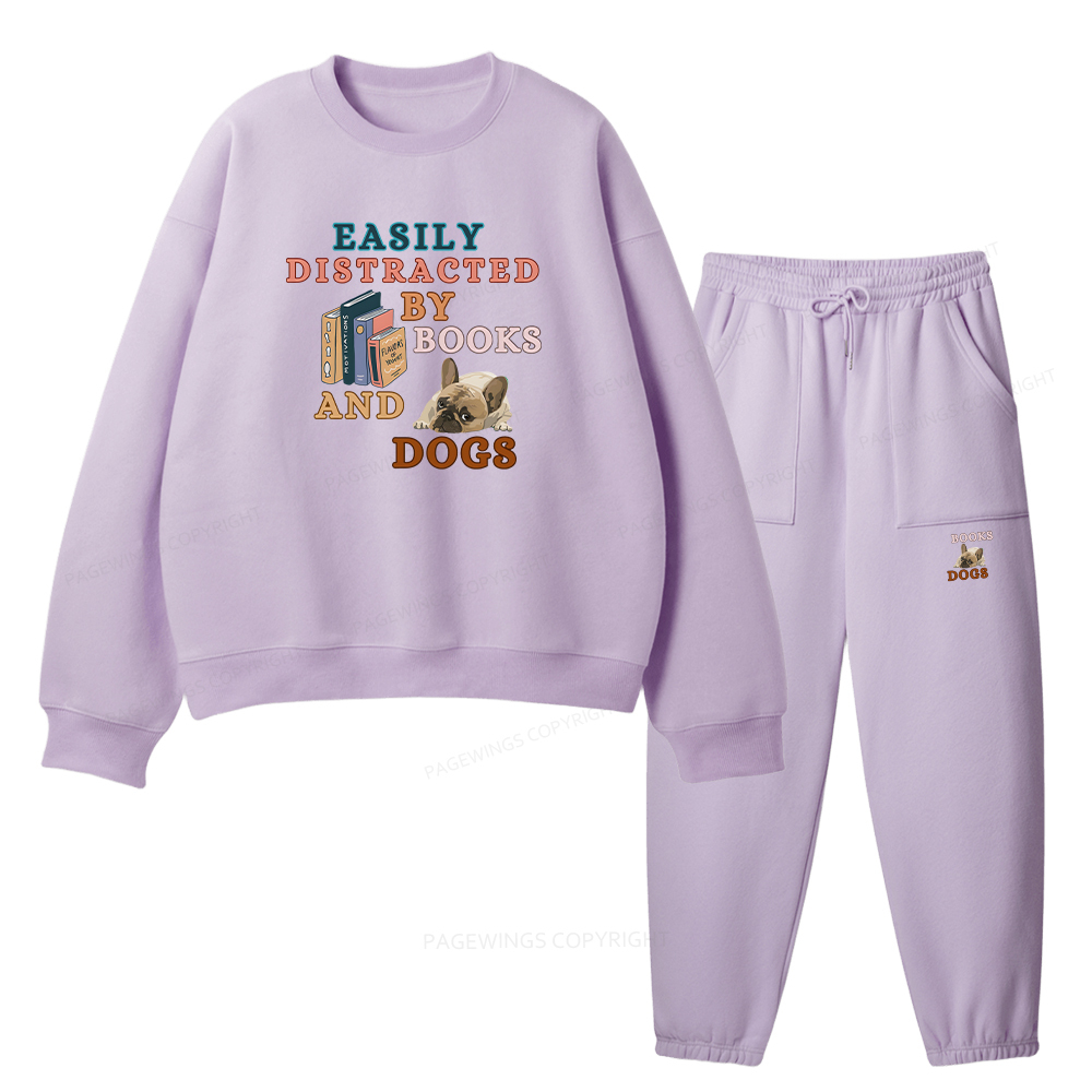 Pagewings Easily Distracted By Books And Dogs Unisex Fleece Sweatshirt Set 