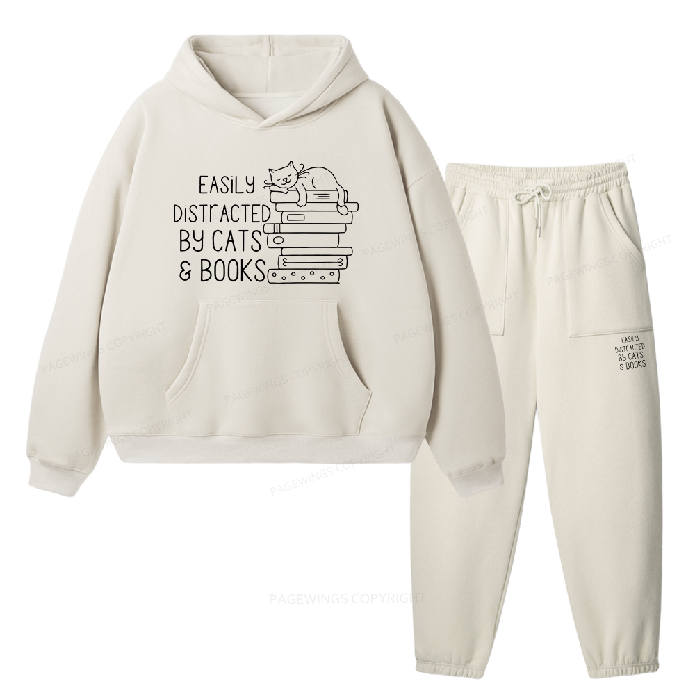 Pagewings Easily Distracted By Cats and Books Unisex Fleece Hoodie Set