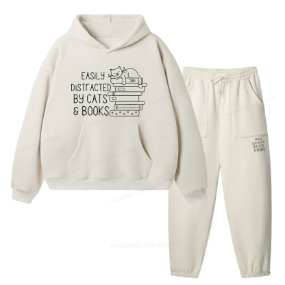 Pagewings Easily Distracted By Cats and Books Unisex Fleece Hoodie Set