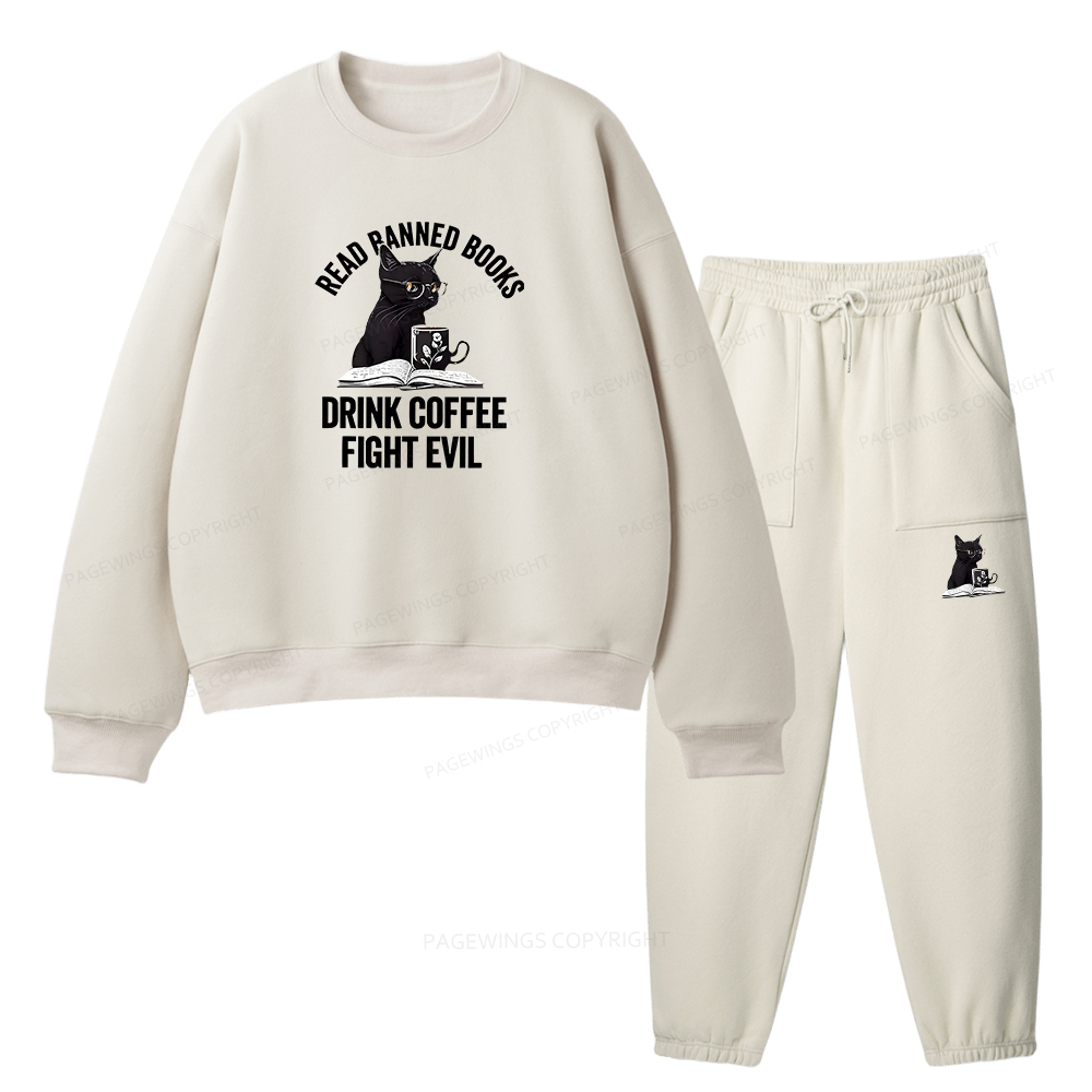 Pagewings Read Books Drink Coffee Fight Evil Unisex Fleece Sweatshirt Set 