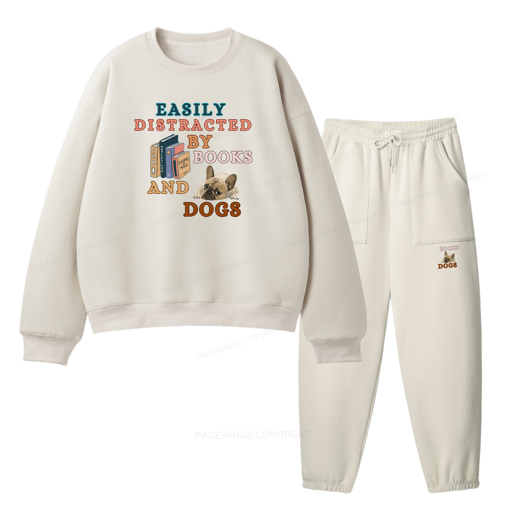 Pagewings Easily Distracted By Books And Dogs Unisex Fleece Sweatshirt Set 
