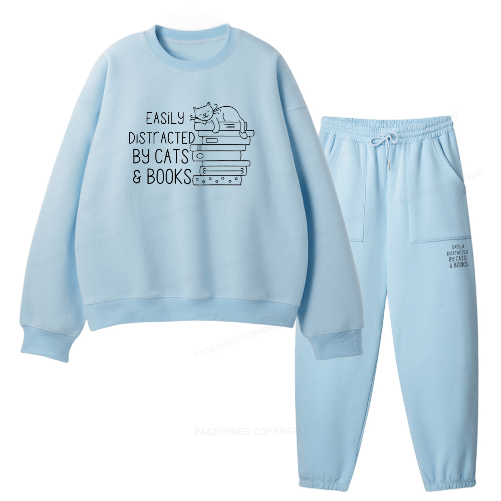 Pagewings Easily Distracted By Cats and Books Unisex Fleece Sweatshirt Set 