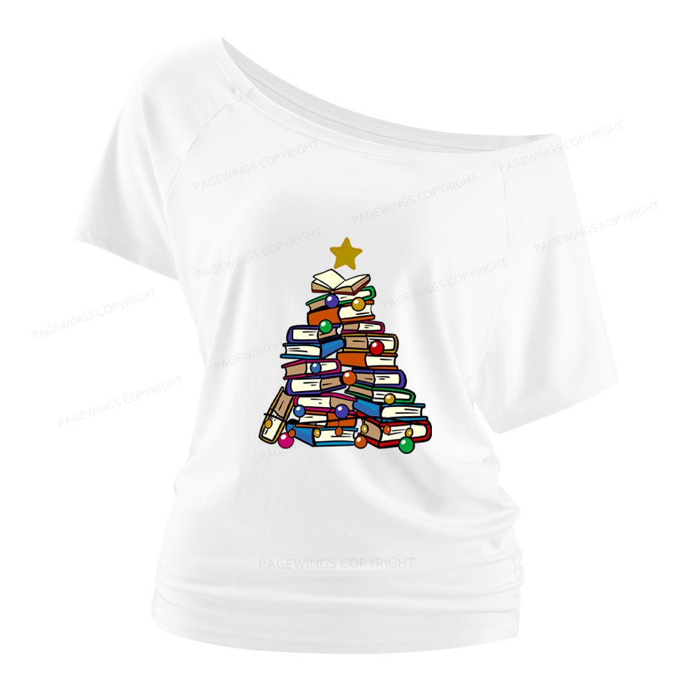 Pagewings Christmas Tree Bookworm Women Off Shoulder T-shirts