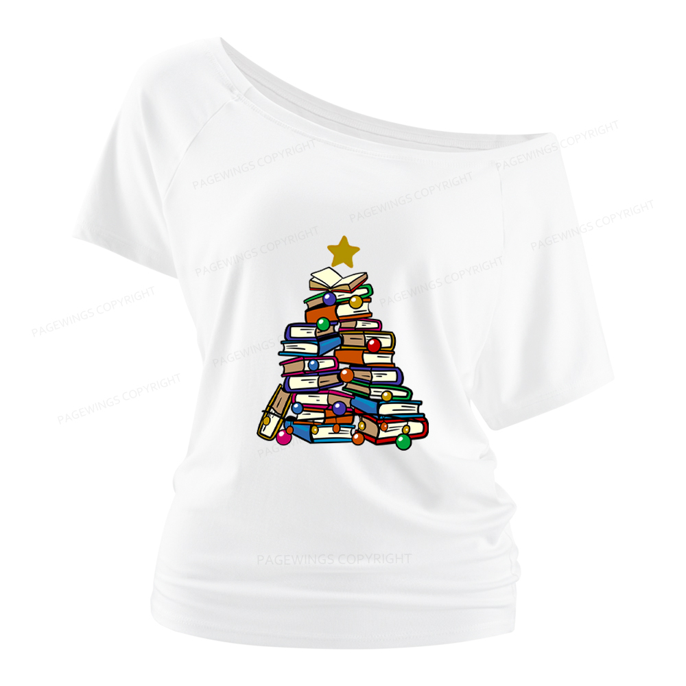 Pagewings Christmas Tree Bookworm Women Off Shoulder T-shirts