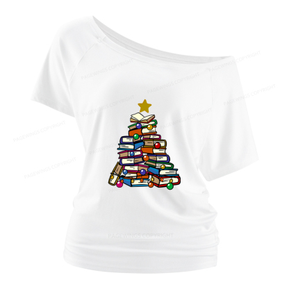 Pagewings Christmas Tree Bookworm Women Off Shoulder T-shirts