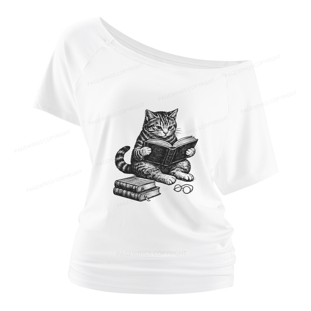 Pagewings Cat Reading Book Women Off Shoulder T-shirts