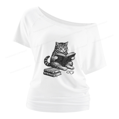 Pagewings Cat Reading Book Women Off Shoulder T-shirts