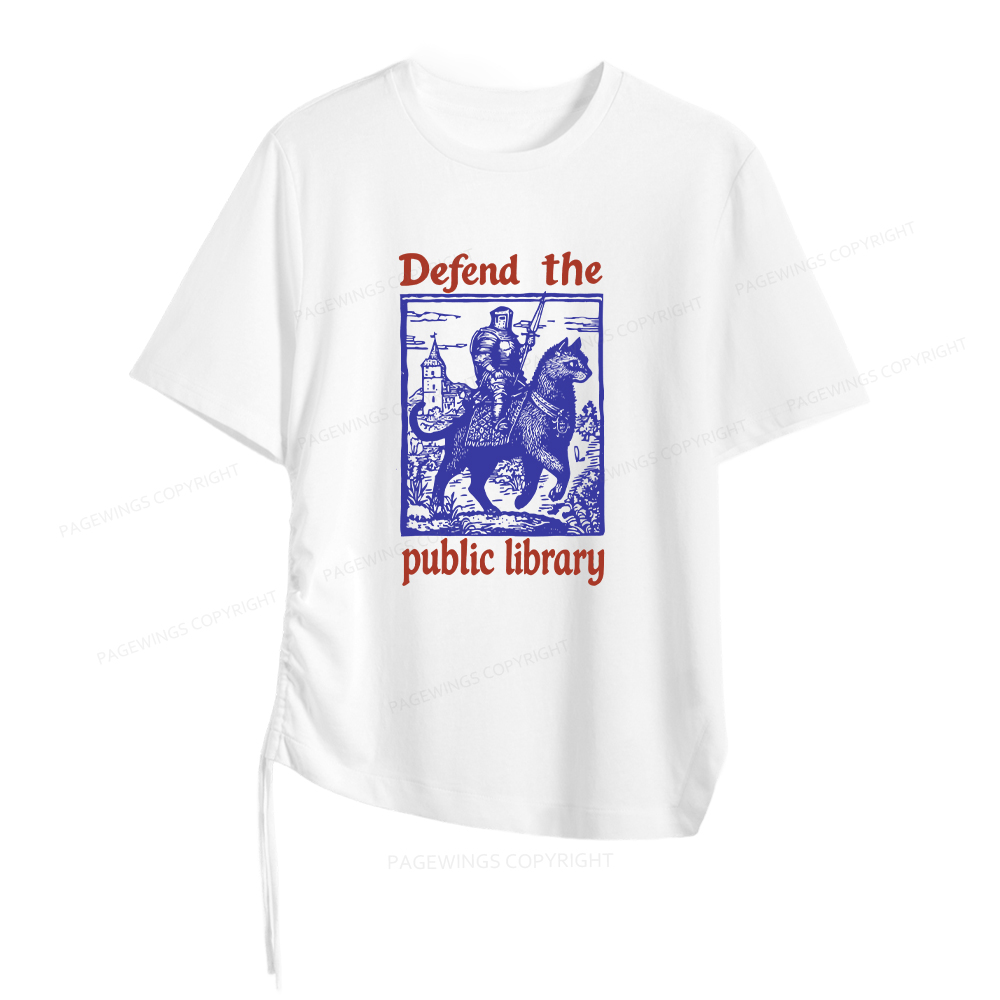 Pagewings Defend the Public Library Women Asymmetrical Drawstring T-Shirts