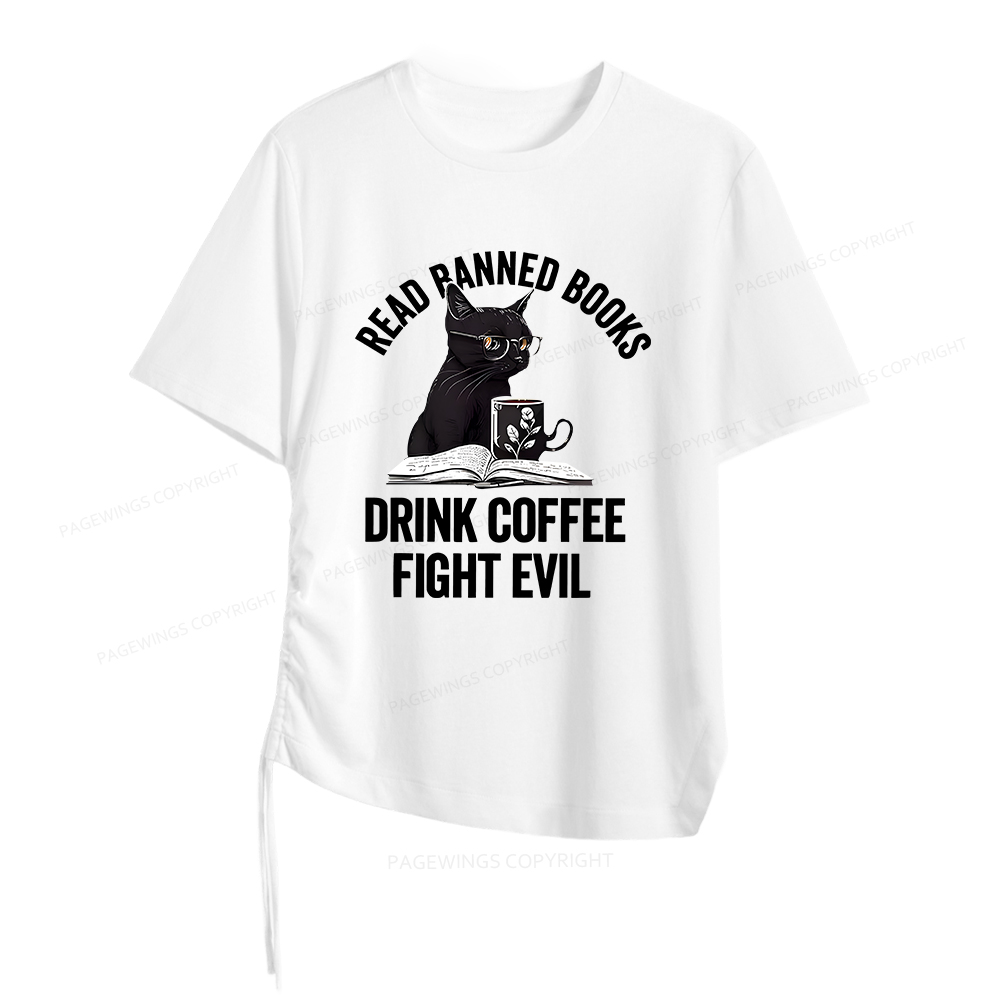 Pagewings Read Books Drink Coffee Fight Evil Women Asymmetrical Drawstring T-Shirts